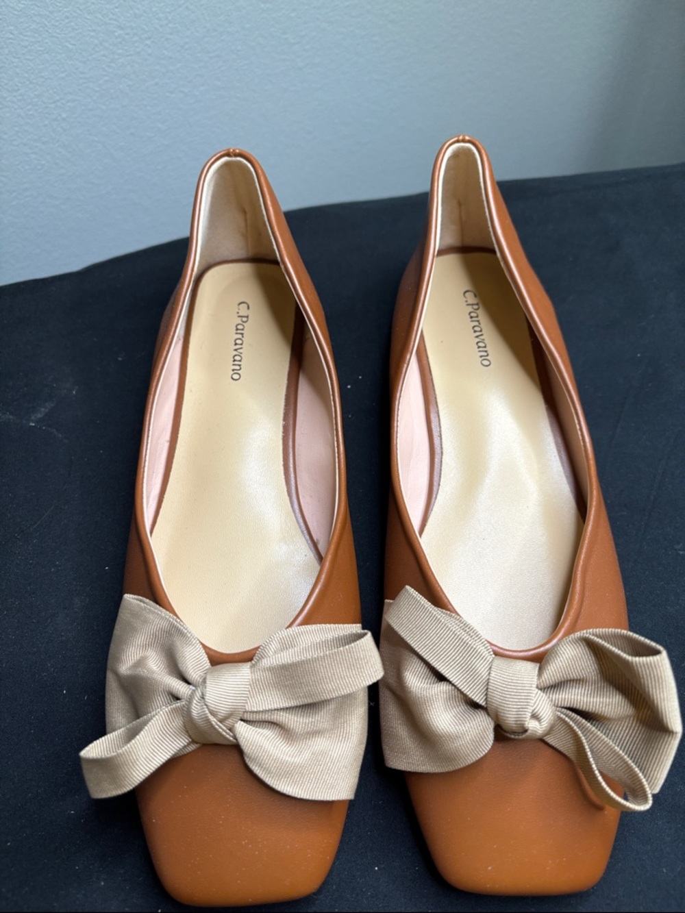 C. Paravano Bowknot Ballerina Brown Lamb Leather Bow Flats Size 39 (US 8.5)